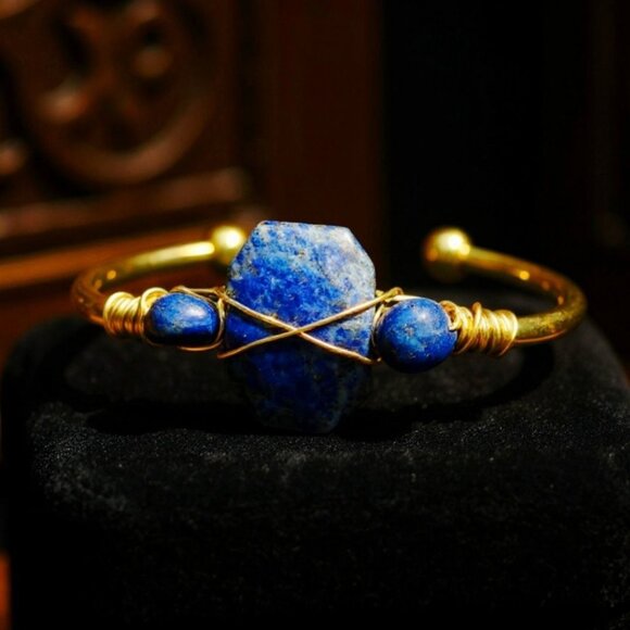 Lapis Lazuli Triple-Stone Wire Wrap Cuff – 14Kt Gold Over Copper – Handmade NWT - Picture 11 of 11